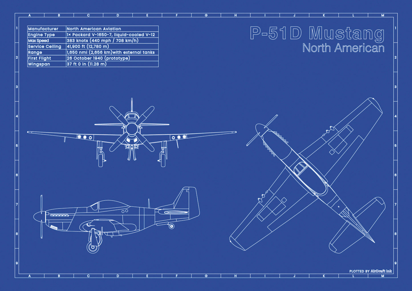 North American P-51D Mustang technical aircraft plan drawing in blueprint style, aviation wall art poster gift for aircraft enthusiasts and pilots.