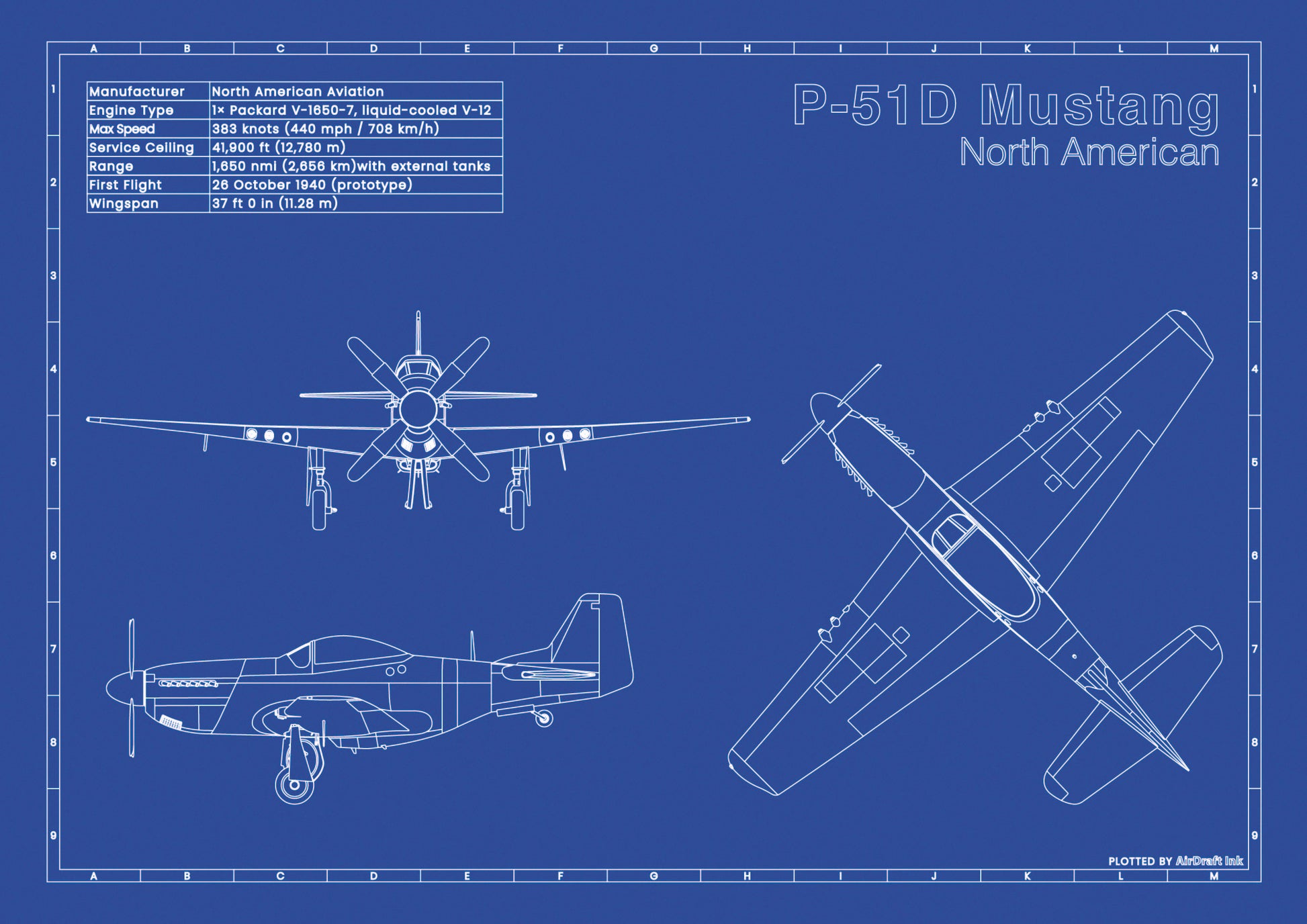 North American P-51D Mustang technical aircraft plan drawing in blueprint style, aviation wall art poster gift for aircraft enthusiasts and pilots.