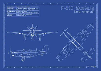 North American P-51D Mustang technical aircraft plan drawing in blueprint style, aviation wall art poster gift for aircraft enthusiasts and pilots.