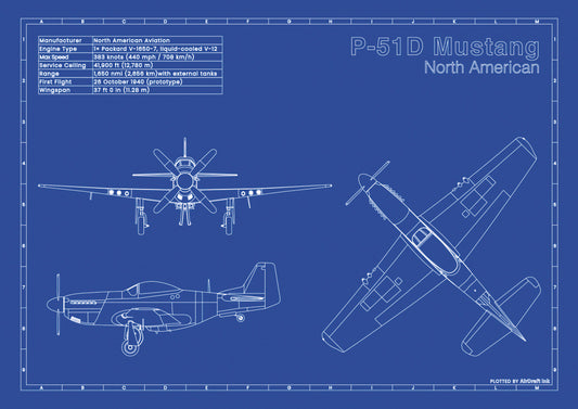 North American P-51D Mustang technical aircraft plan drawing in blueprint style, aviation wall art poster gift for aircraft enthusiasts and pilots.