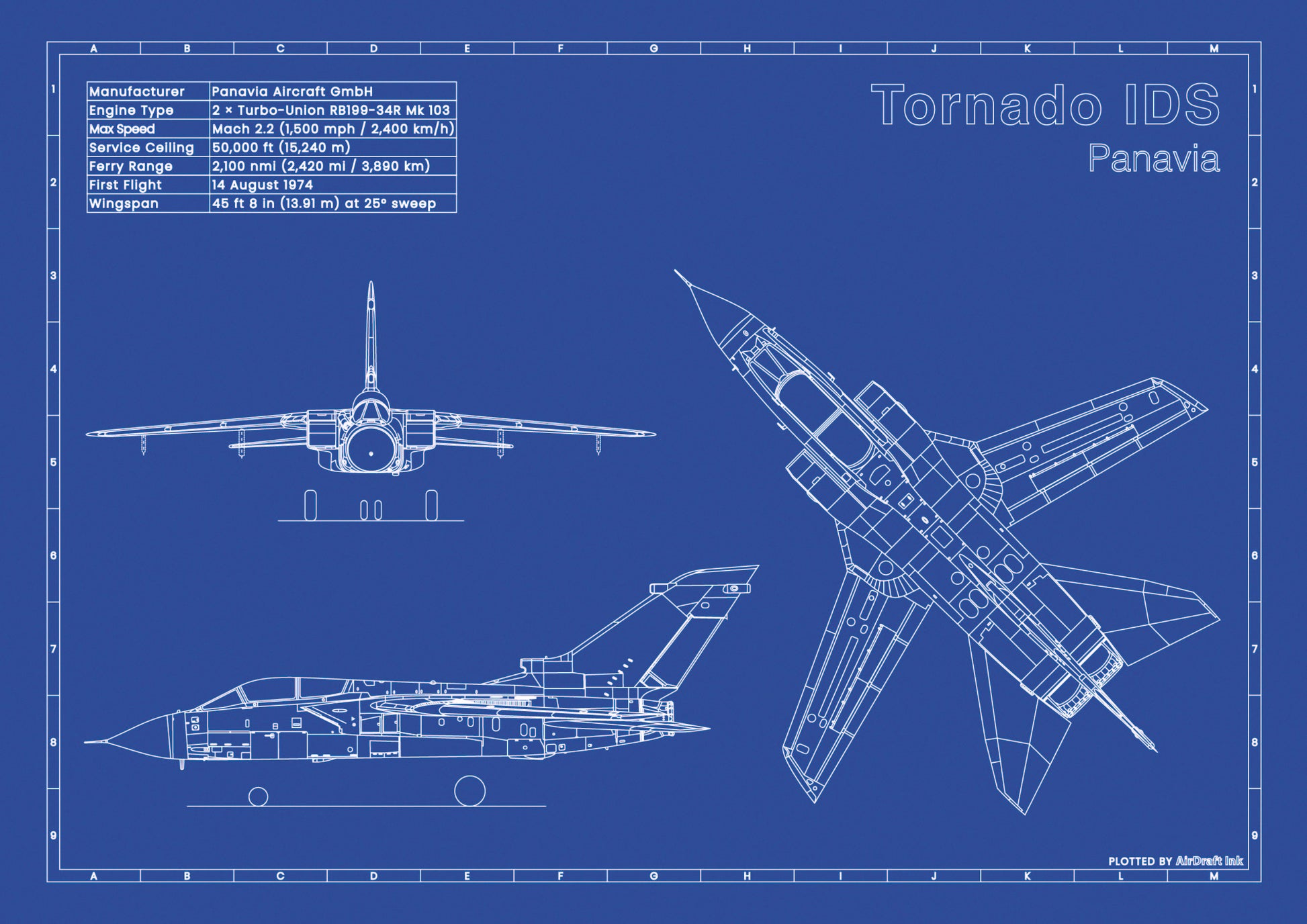 PANAVIA TORNADO IDS technical aircraft plan drawing in blueprint style, aviation wall art poster gift for aircraft enthusiasts and pilots.