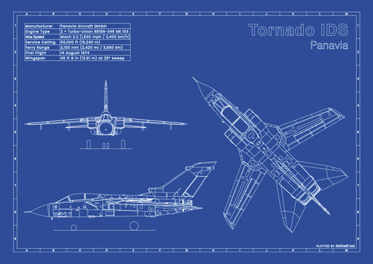 PANAVIA TORNADO IDS technical aircraft plan drawing in blueprint style, aviation wall art poster gift for aircraft enthusiasts and pilots.