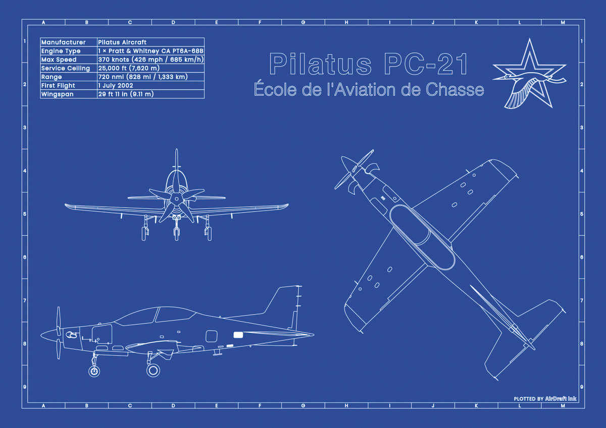 PC-21 Ecole de l'Aviaiton de Chasse technical aircraft plan drawing in blueprint style, aviation wall art poster gift for aircraft enthusiasts and pilots.