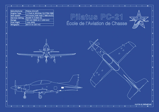 PC-21 Ecole de l'Aviaiton de Chasse technical aircraft plan drawing in blueprint style, aviation wall art poster gift for aircraft enthusiasts and pilots.