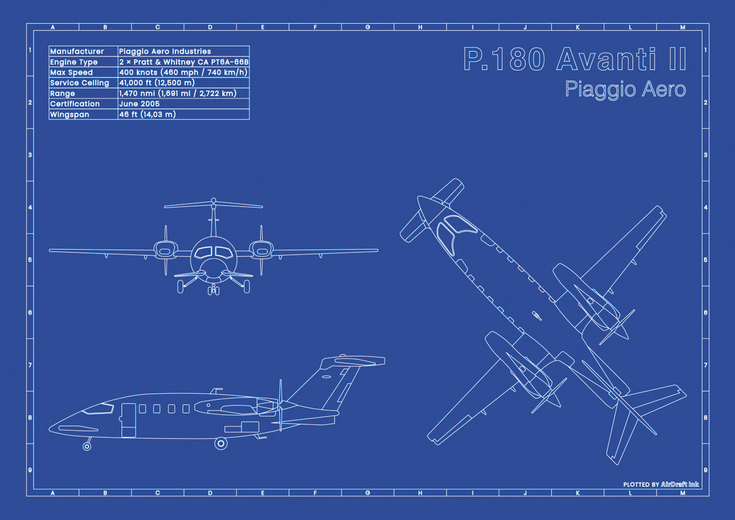 Piaggio P.180 Avanti II technical aircraft plan drawing in blueprint style, aviation wall art poster gift for aircraft enthusiasts and pilots.