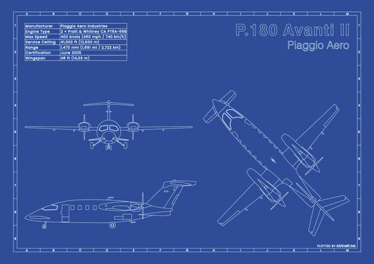 Piaggio P.180 Avanti II technical aircraft plan drawing in blueprint style, aviation wall art poster gift for aircraft enthusiasts and pilots.