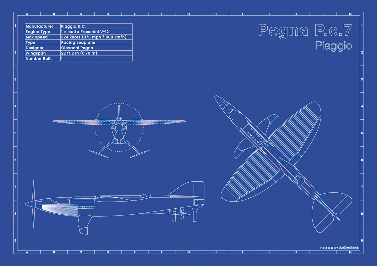 Piaggio Pegna P.C.7 technical aircraft plan drawing in blueprint style, aviation wall art poster gift for aircraft enthusiasts and pilots.