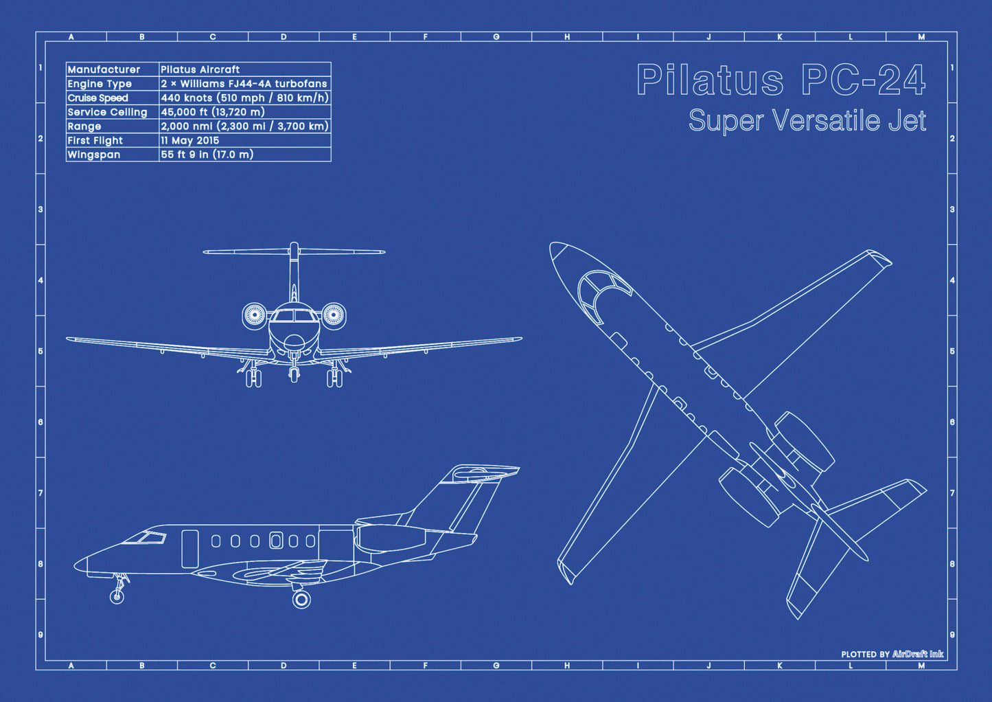 Pilatus PC-24 technical aircraft plan drawing in blueprint style, aviation wall art poster gift for aircraft enthusiasts and pilots.