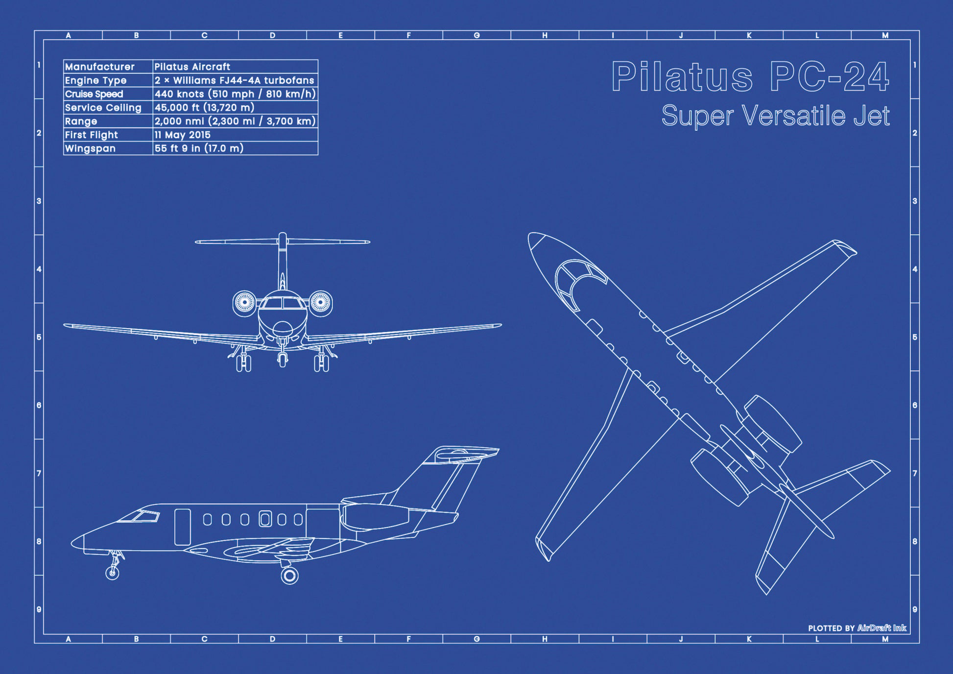 Pilatus PC-24 technical aircraft plan drawing in blueprint style, aviation wall art poster gift for aircraft enthusiasts and pilots.
