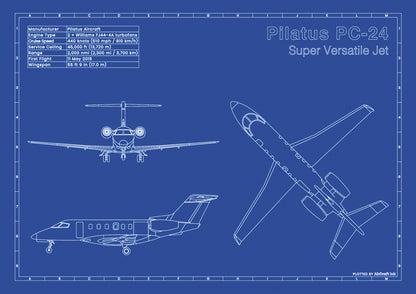 Pilatus PC-24 technical aircraft plan drawing in blueprint style, aviation wall art poster gift for aircraft enthusiasts and pilots.