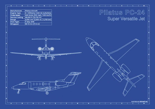 Pilatus PC-24 technical aircraft plan drawing in blueprint style, aviation wall art poster gift for aircraft enthusiasts and pilots.