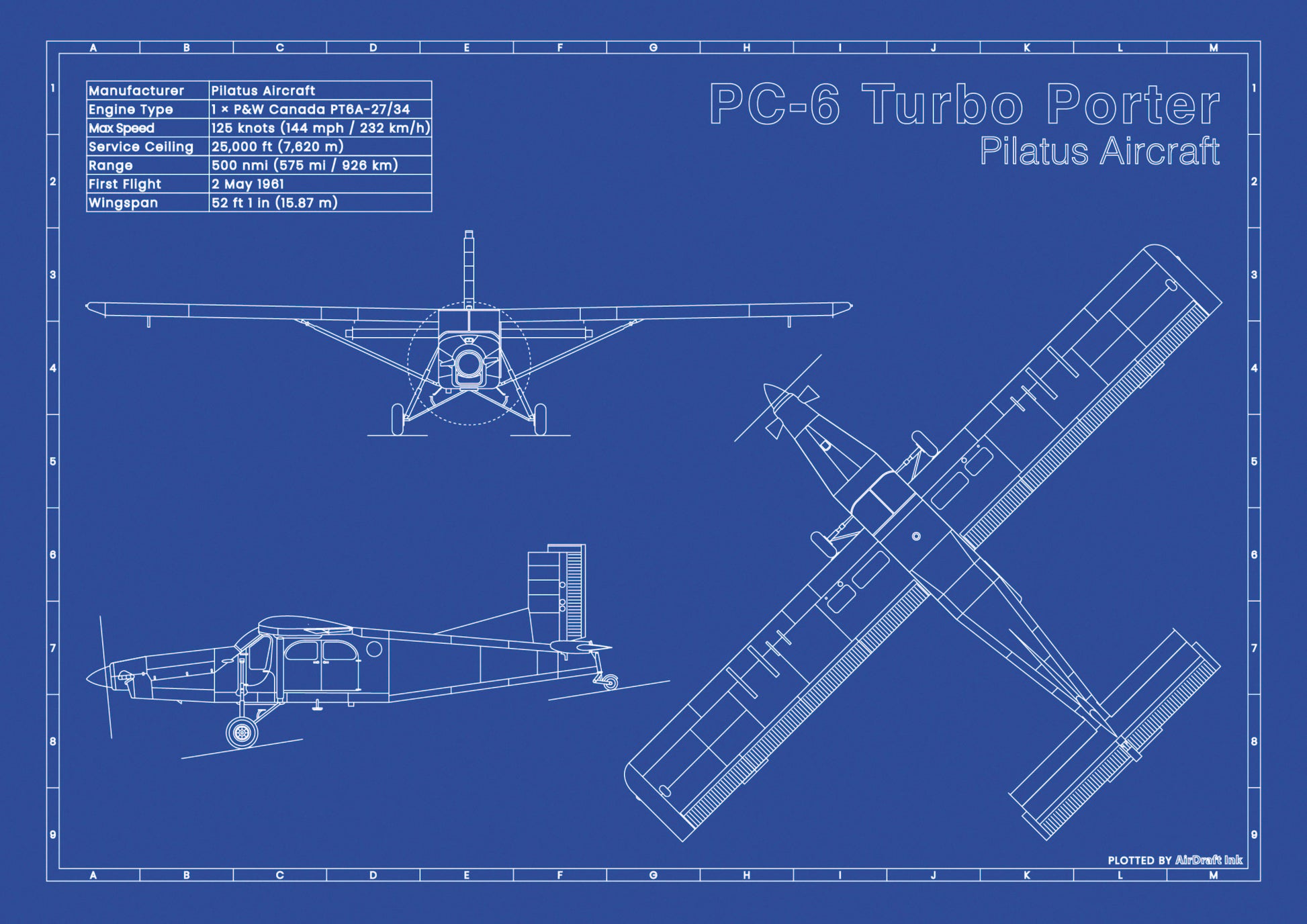 Pilatus PC-6 Turbo Porter technical aircraft plan drawing in blueprint style, aviation wall art poster gift for aircraft enthusiasts and pilots.
