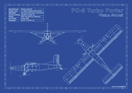 Pilatus PC-6 Turbo Porter technical aircraft plan drawing in blueprint style, aviation wall art poster gift for aircraft enthusiasts and pilots.