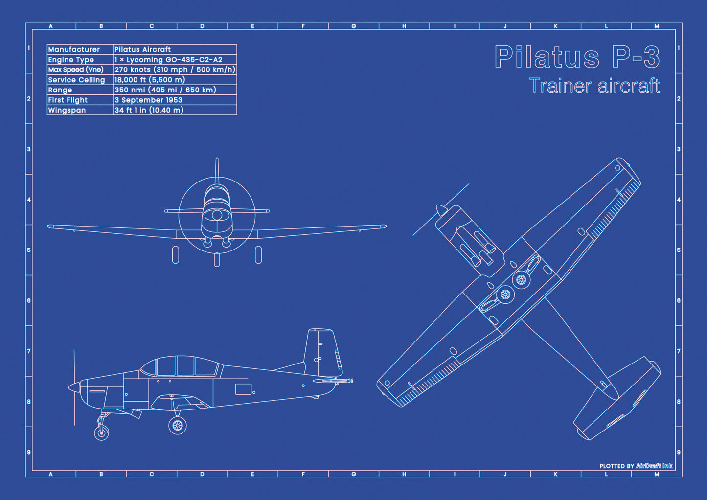 Pilatus P-3 technical aircraft plan drawing in blueprint style, aviation wall art poster gift for aircraft enthusiasts and pilots.