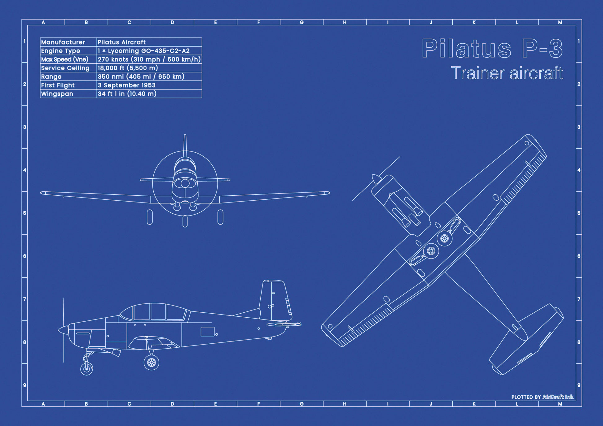 Pilatus P-3 technical aircraft plan drawing in blueprint style, aviation wall art poster gift for aircraft enthusiasts and pilots.