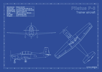 Pilatus P-3 technical aircraft plan drawing in blueprint style, aviation wall art poster gift for aircraft enthusiasts and pilots.
