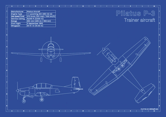 Pilatus P-3 technical aircraft plan drawing in blueprint style, aviation wall art poster gift for aircraft enthusiasts and pilots.