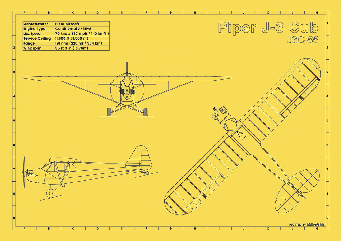 Piper J 3 Cub Yellow Limited Edition Technical Blueprint Drawn In piper-j-3-cub-yellow-limited-edition-technical-blueprint-drawn-in
