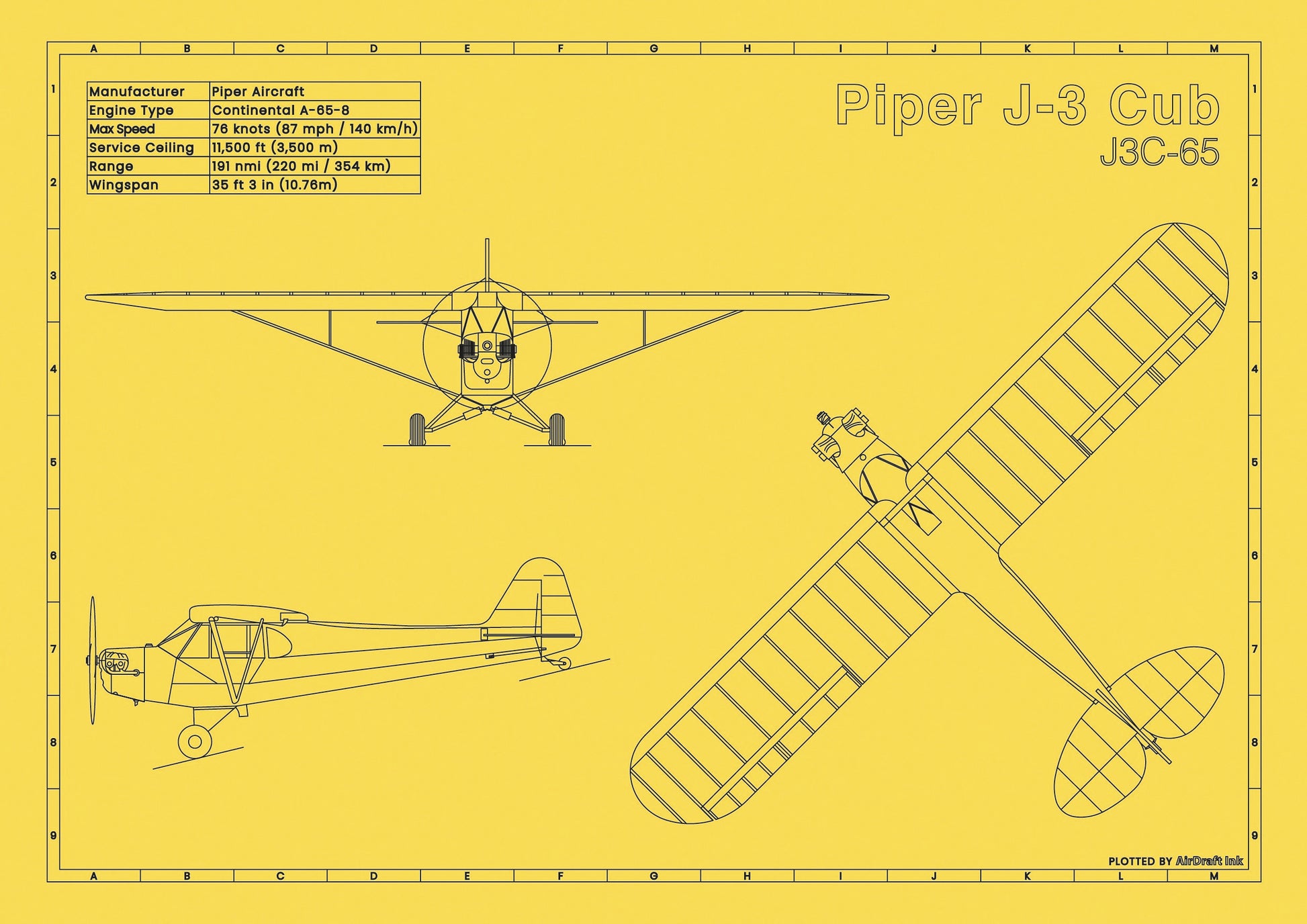 Piper J-3 Cub Yellow Edition technical aircraft plan drawing in blueprint style, aviation wall art poster gift for aircraft enthusiasts and pilots.