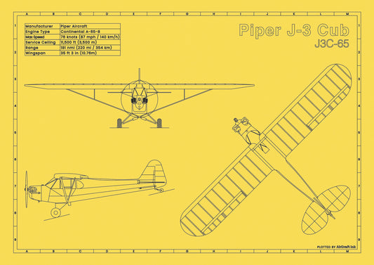 Piper J-3 Cub Yellow Edition technical aircraft plan drawing in blueprint style, aviation wall art poster gift for aircraft enthusiasts and pilots.