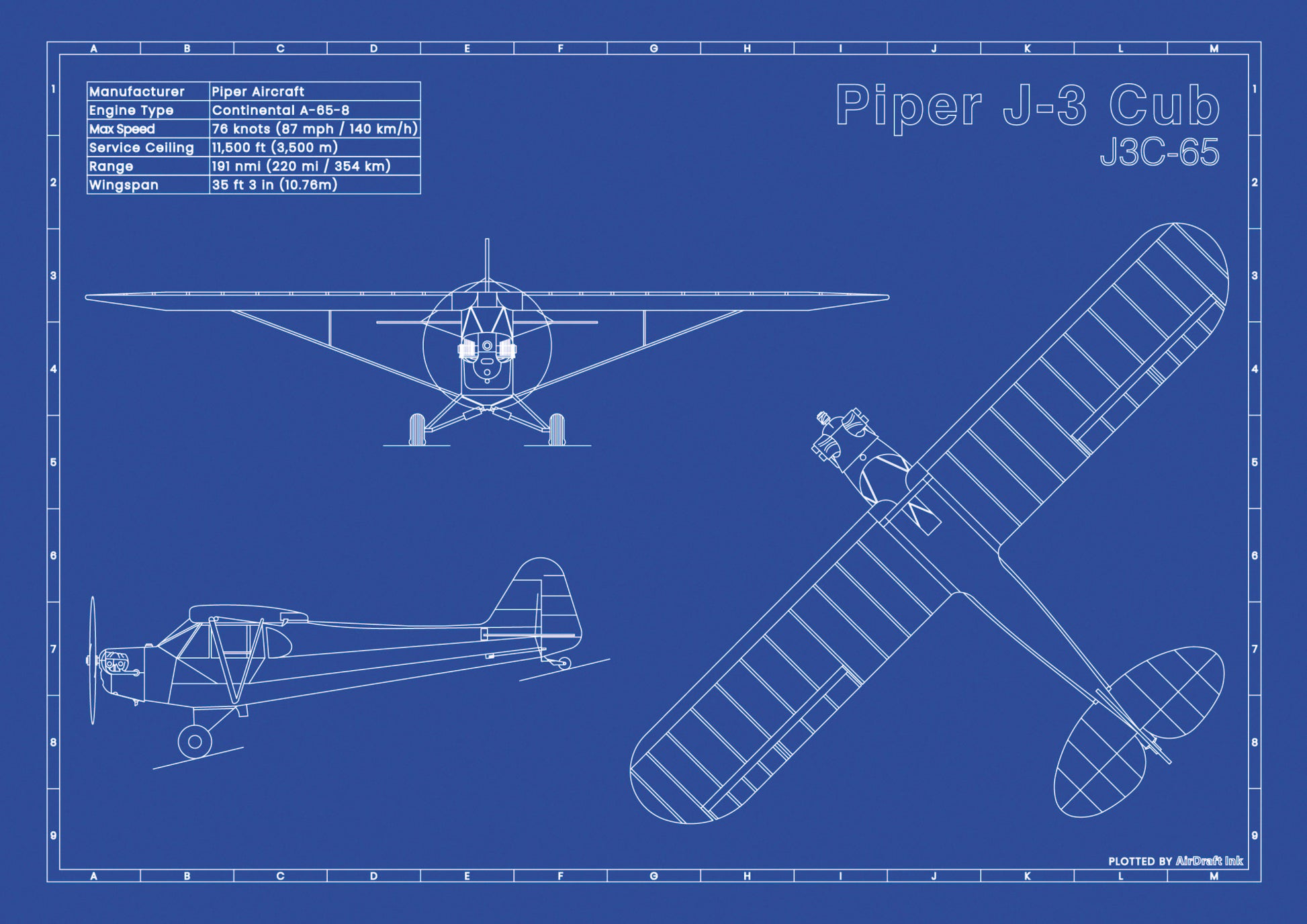 Piper J-3 Cub technical aircraft plan drawing in blueprint style, aviation wall art poster gift for aircraft enthusiasts and pilots.