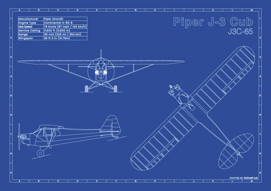 Piper J-3 Cub technical aircraft plan drawing in blueprint style, aviation wall art poster gift for aircraft enthusiasts and pilots.