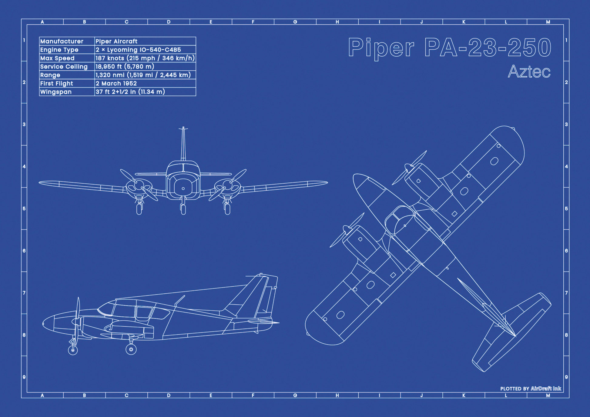 Piper PA-23-250 Aztec technical aircraft plan drawing in blueprint style, aviation wall art poster gift for aircraft enthusiasts and pilots.