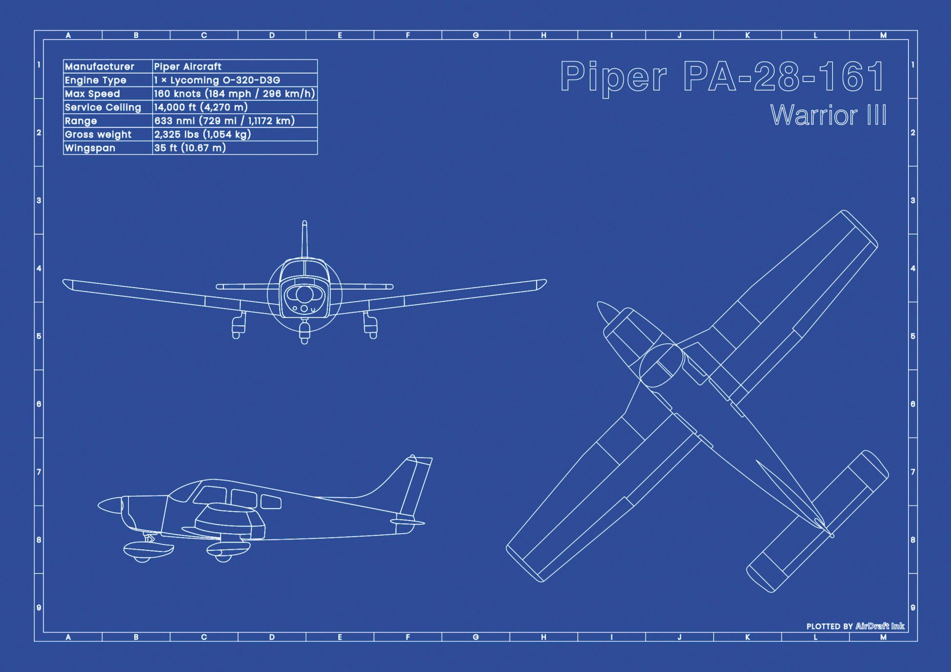 Piper PA-28-161 WarriorIII technical aircraft plan drawing in blueprint style, aviation wall art poster gift for aircraft enthusiasts and pilots.