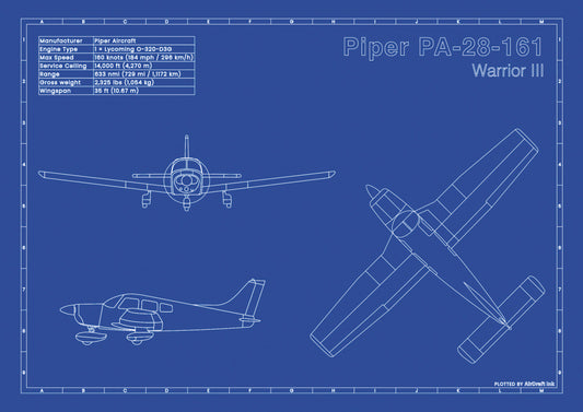 Piper PA-28-161 WarriorIII technical aircraft plan drawing in blueprint style, aviation wall art poster gift for aircraft enthusiasts and pilots.