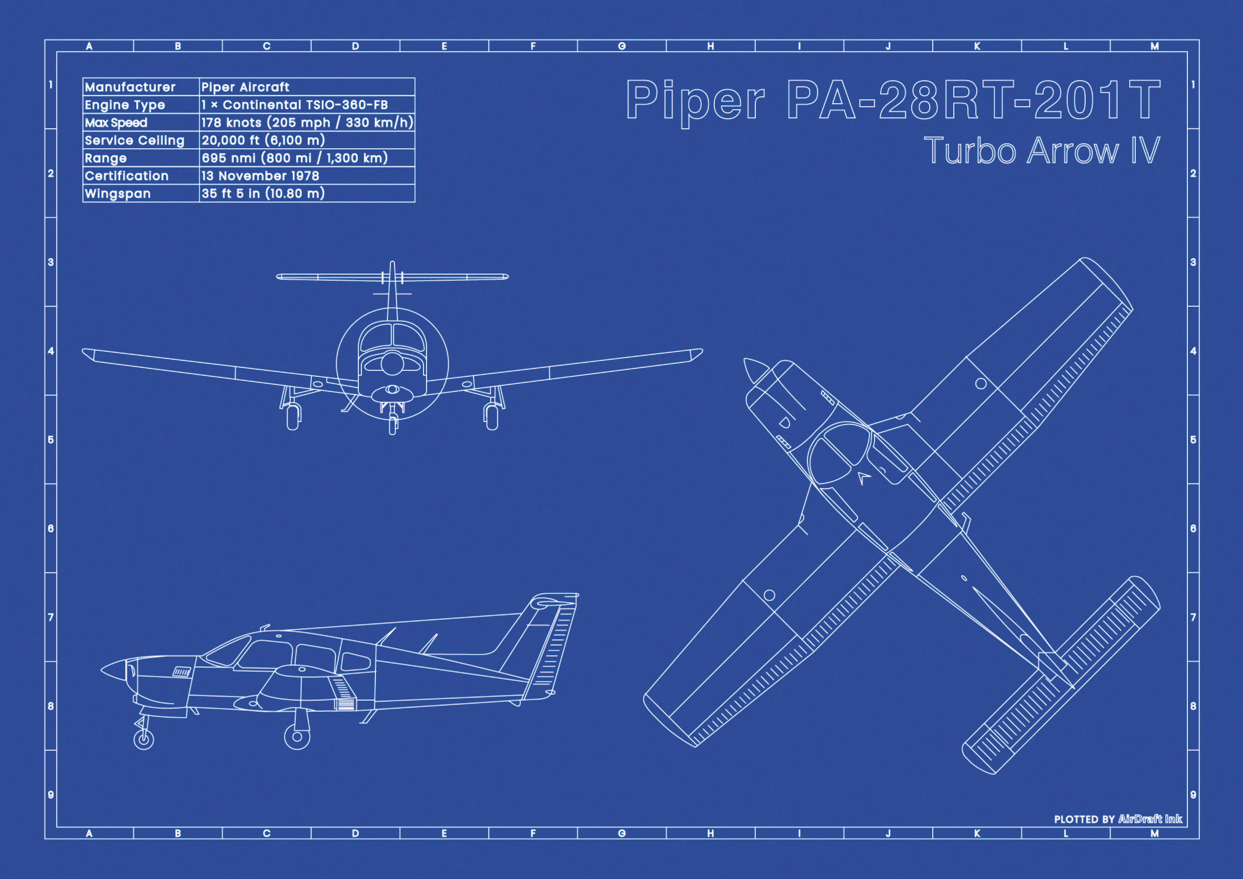 Piper PA-28RT-201T Turbo Arrow IV｜Technical blueprint, Drawn in Ink ...