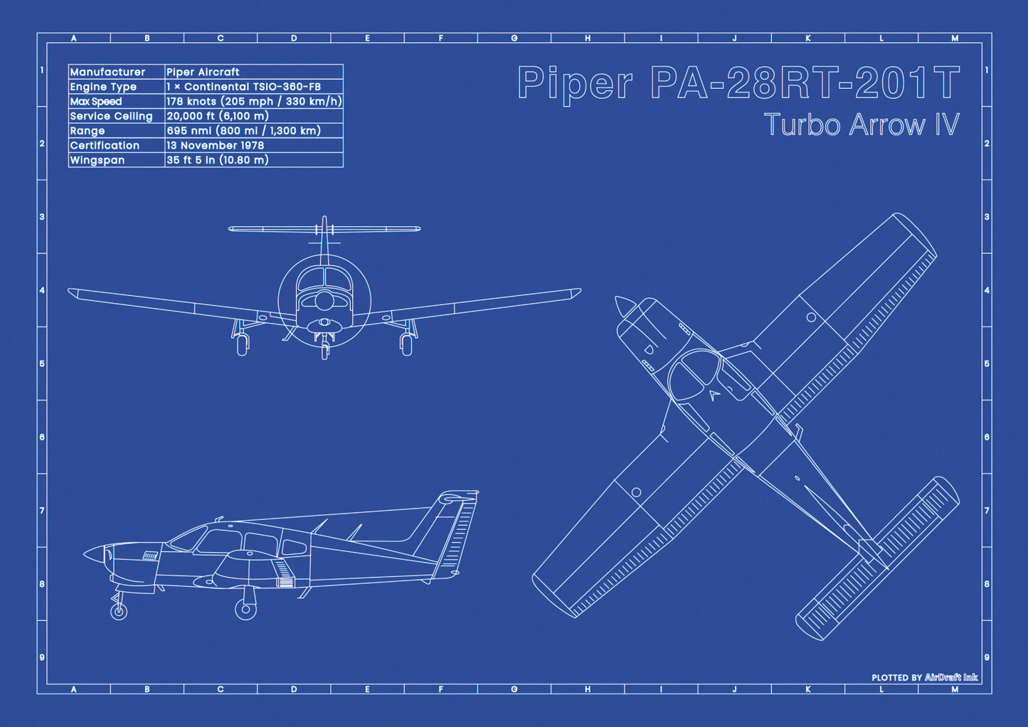 Piper PA-28RT-201T Turbo Arrow IV technical aircraft plan drawing in blueprint style, aviation wall art poster gift for aircraft enthusiasts and pilots.