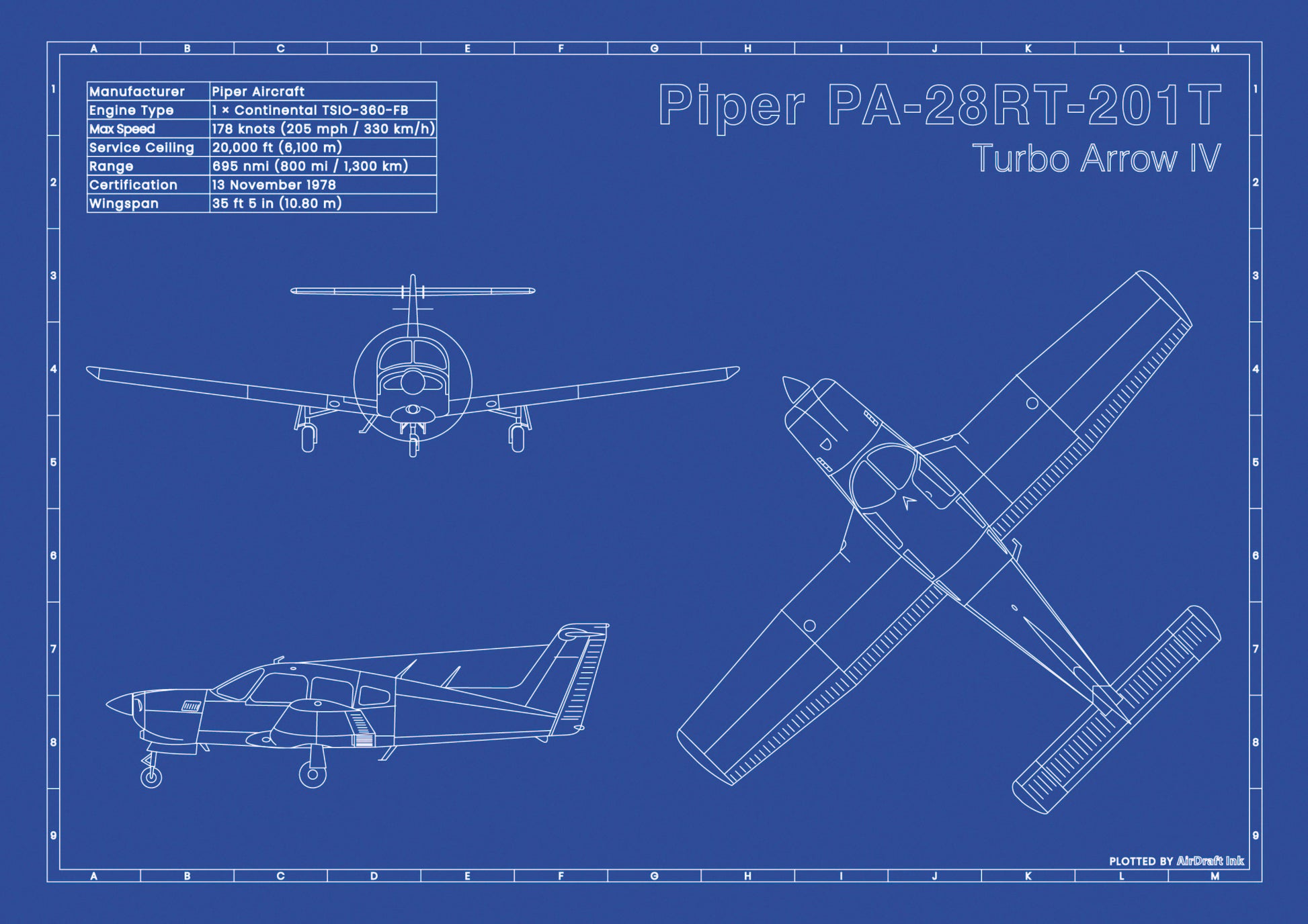 Piper PA-28RT-201T Turbo Arrow IV technical aircraft plan drawing in blueprint style, aviation wall art poster gift for aircraft enthusiasts and pilots.