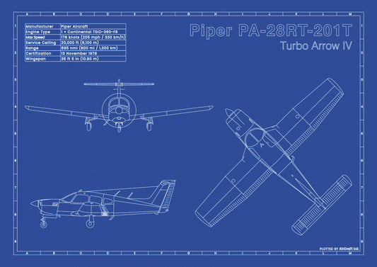 Piper PA-28RT-201T Turbo Arrow IV technical aircraft plan drawing in blueprint style, aviation wall art poster gift for aircraft enthusiasts and pilots.