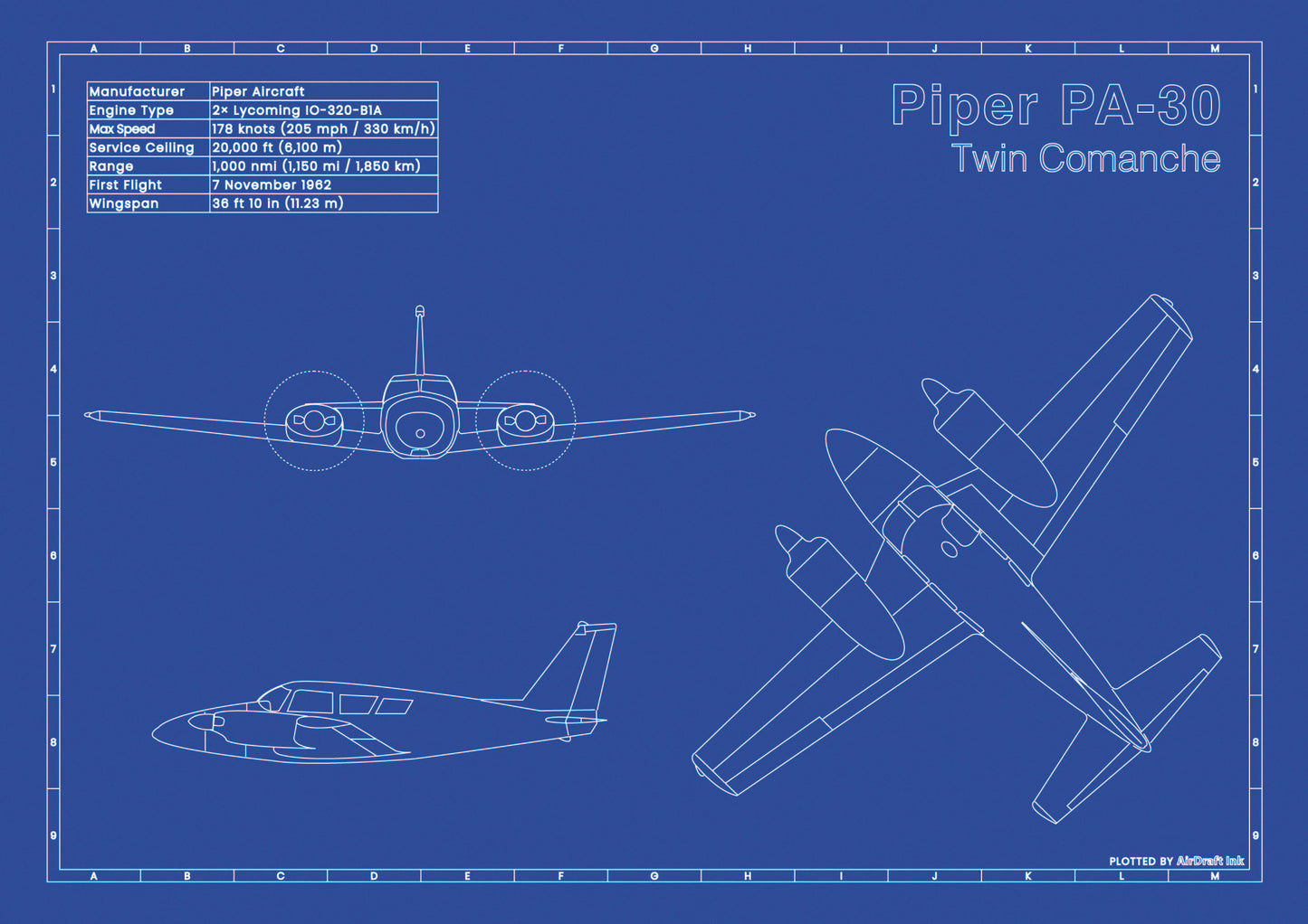 Piper PA-30 Twin Comanche technical aircraft plan drawing in blueprint style, aviation wall art poster gift for aircraft enthusiasts and pilots.