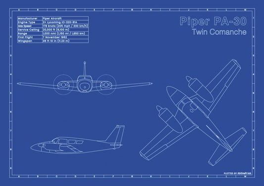 Piper PA-30 Twin Comanche technical aircraft plan drawing in blueprint style, aviation wall art poster gift for aircraft enthusiasts and pilots.