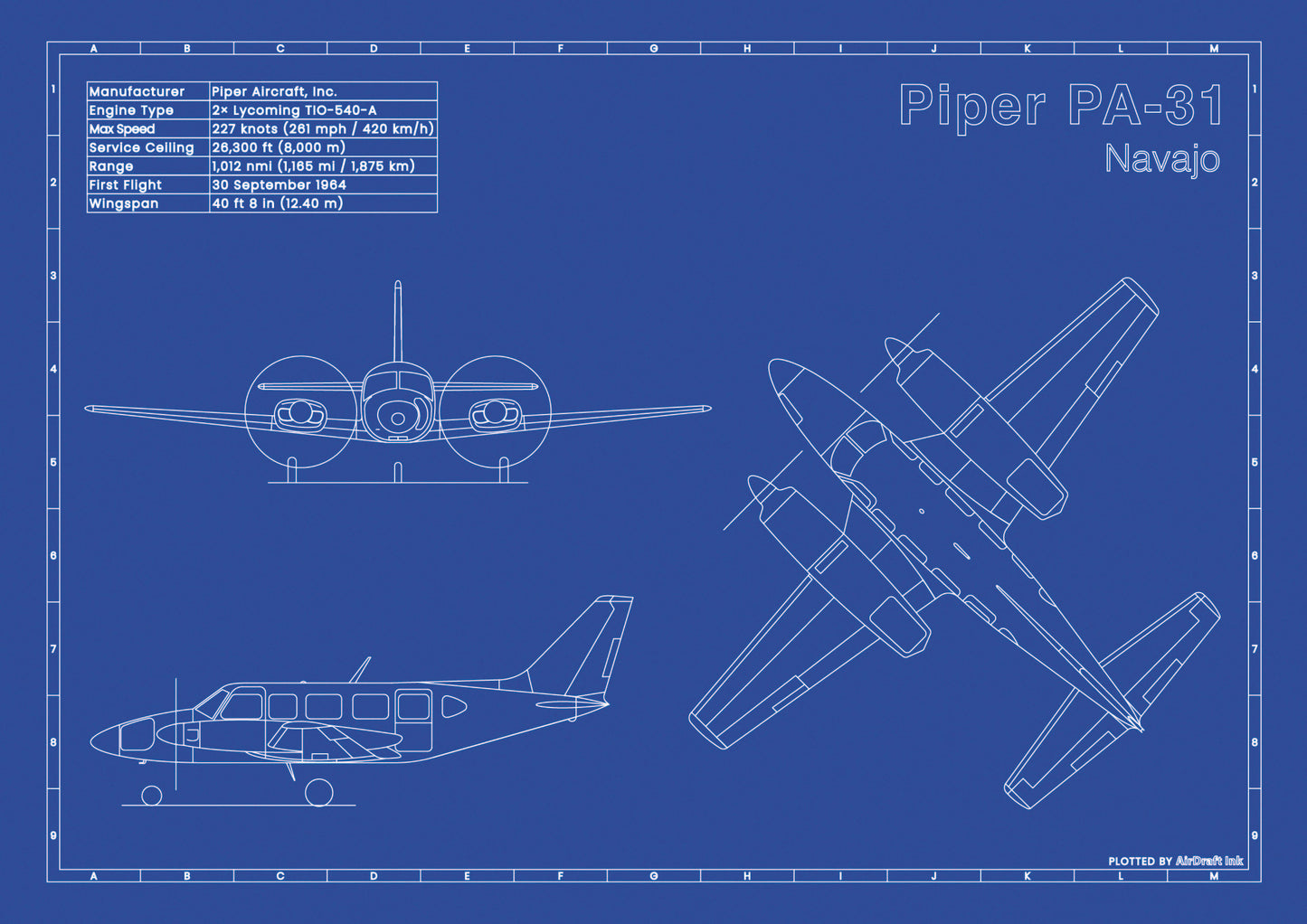 Piper PA-31 Navajo technical aircraft plan drawing in blueprint style, aviation wall art poster gift for aircraft enthusiasts and pilots.