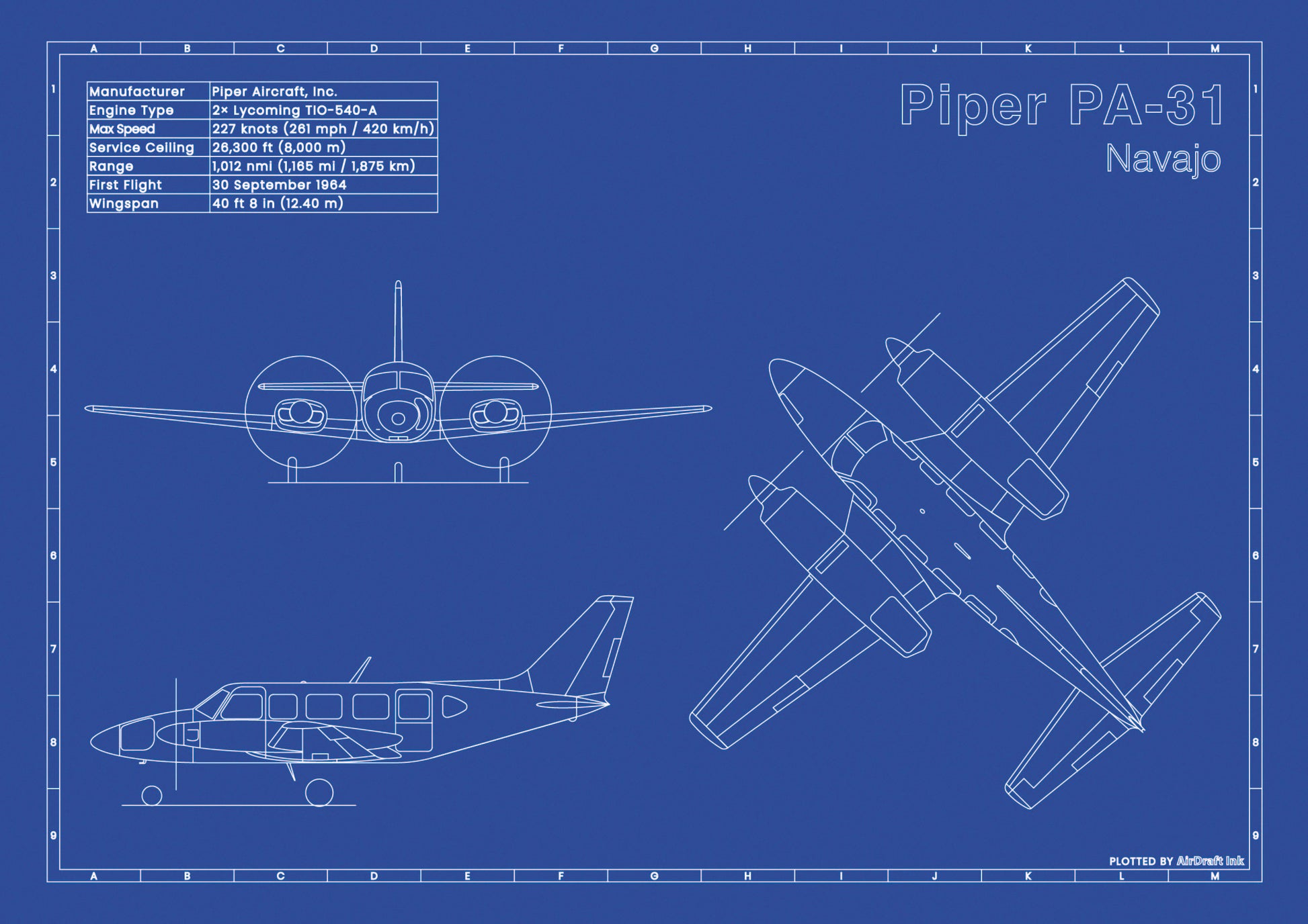 Piper PA-31 Navajo technical aircraft plan drawing in blueprint style, aviation wall art poster gift for aircraft enthusiasts and pilots.