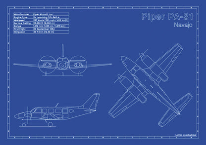 Piper PA-31 Navajo technical aircraft plan drawing in blueprint style, aviation wall art poster gift for aircraft enthusiasts and pilots.