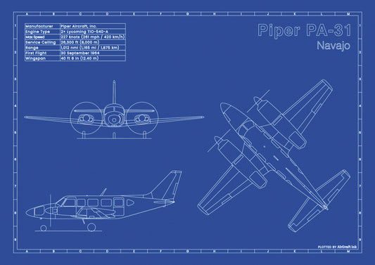 Piper PA-31 Navajo technical aircraft plan drawing in blueprint style, aviation wall art poster gift for aircraft enthusiasts and pilots.