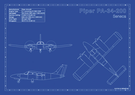 Piper PA-34 Seneca technical aircraft plan drawing in blueprint style, aviation wall art poster gift for aircraft enthusiasts and pilots.
