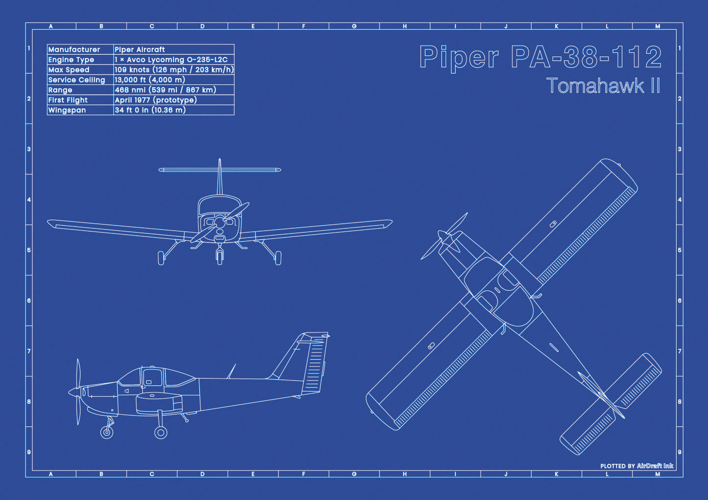 Piper PA-38-112 Tomahawk II technical aircraft plan drawing in blueprint style, aviation wall art poster gift for aircraft enthusiasts and pilots.