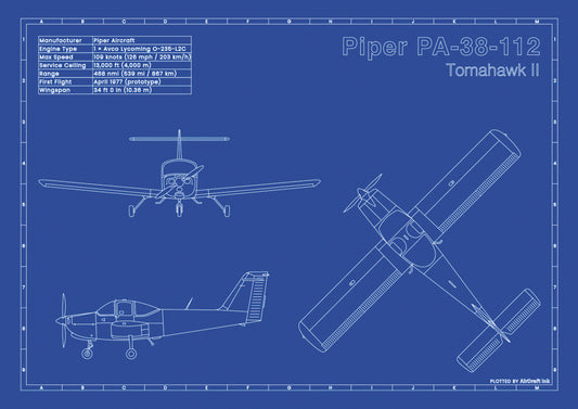 Piper PA-38-112 Tomahawk II technical aircraft plan drawing in blueprint style, aviation wall art poster gift for aircraft enthusiasts and pilots.