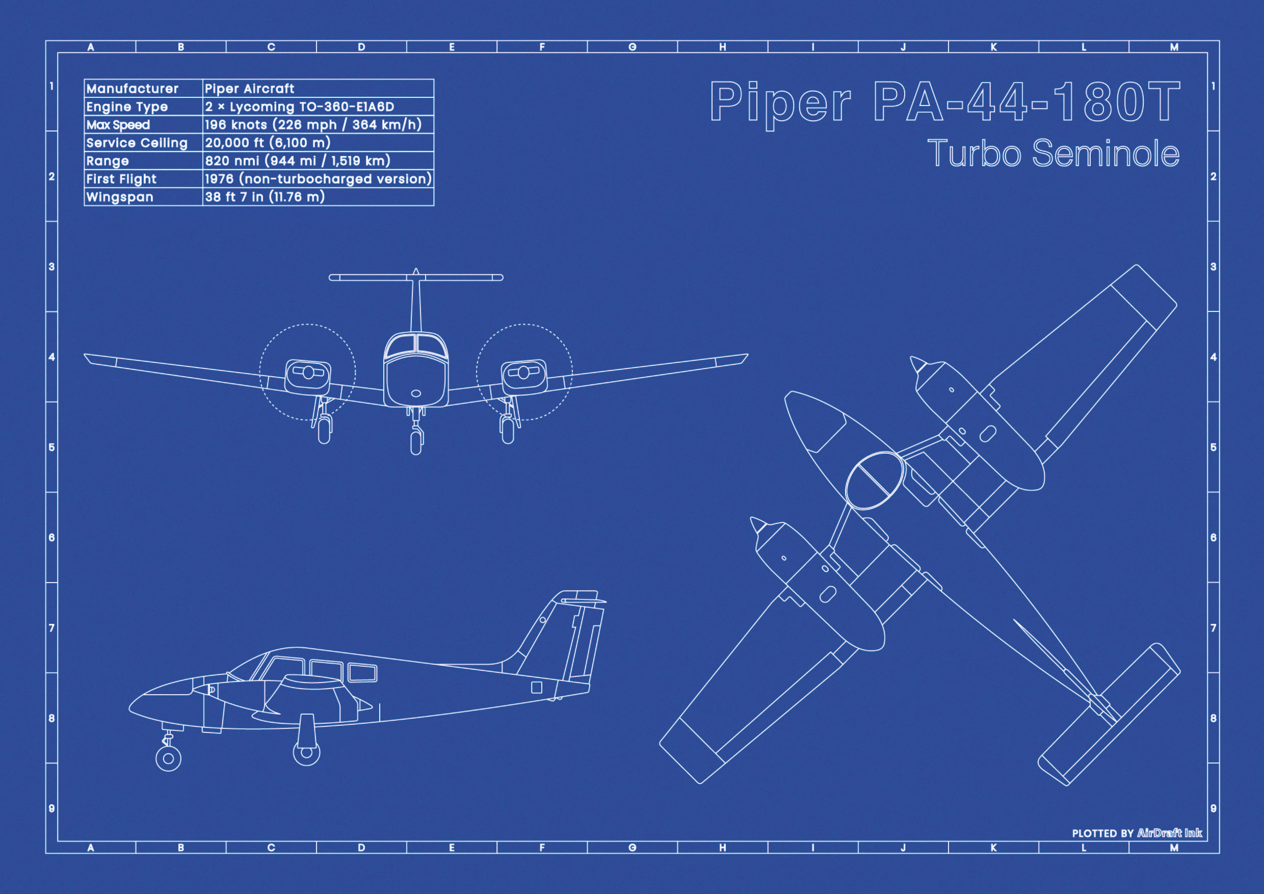 Piper PA-44-180T Turbo Seminole｜Technische Blaupause, Tuschzeichnung ...