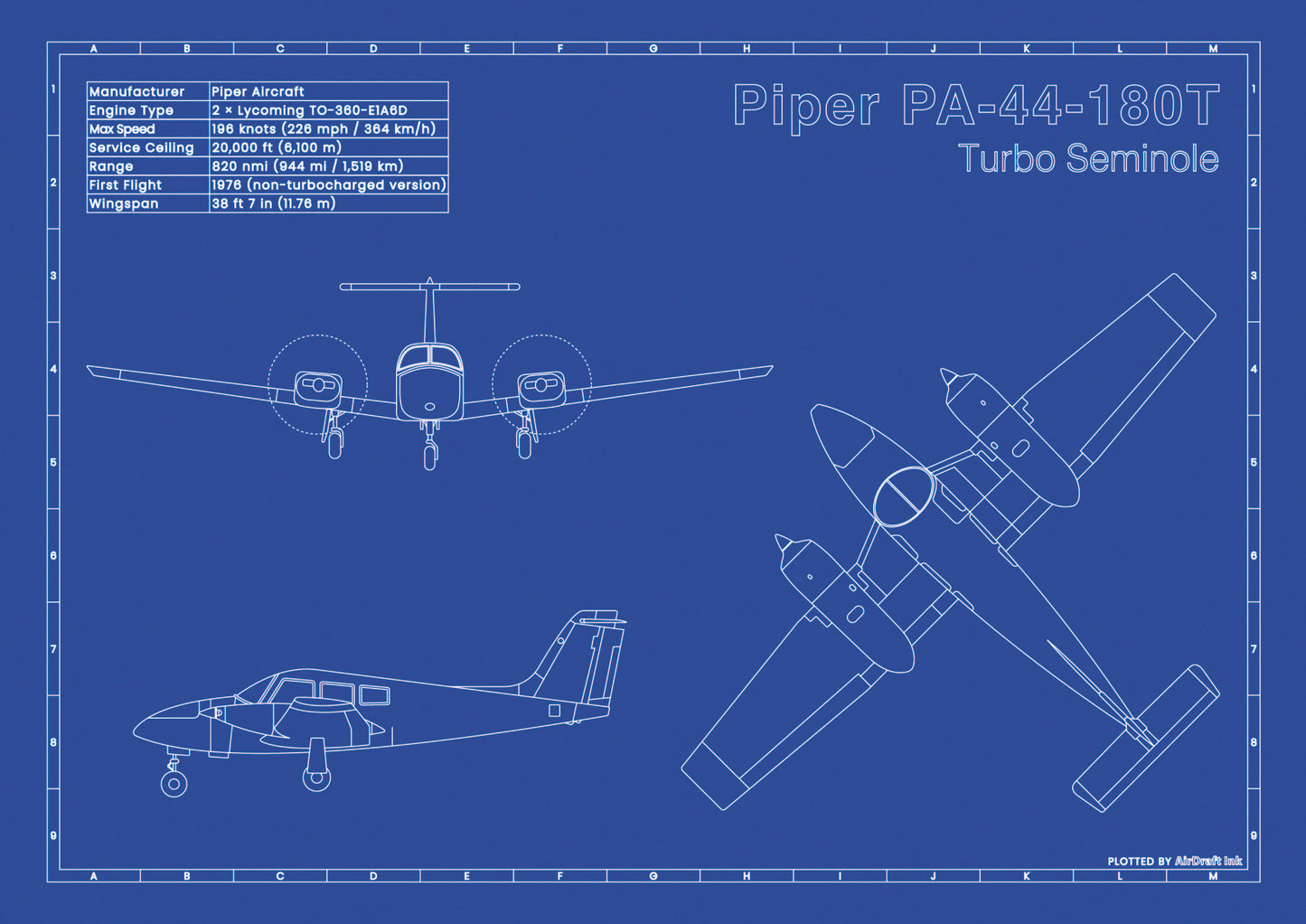 Piper-PA-44-180T-Turbo-Seminole technical aircraft plan drawing in blueprint style, aviation wall art poster gift for aircraft enthusiasts and pilots.