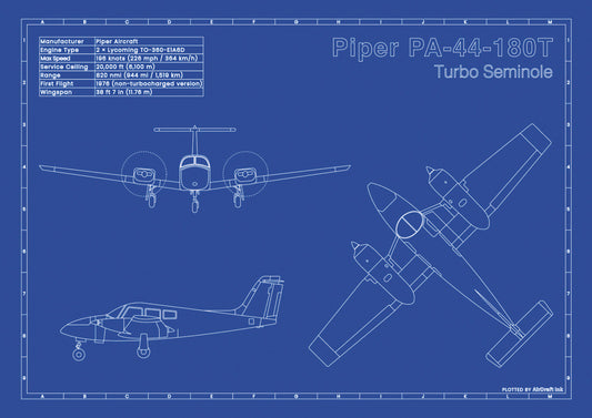 Piper-PA-44-180T-Turbo-Seminole technical aircraft plan drawing in blueprint style, aviation wall art poster gift for aircraft enthusiasts and pilots.