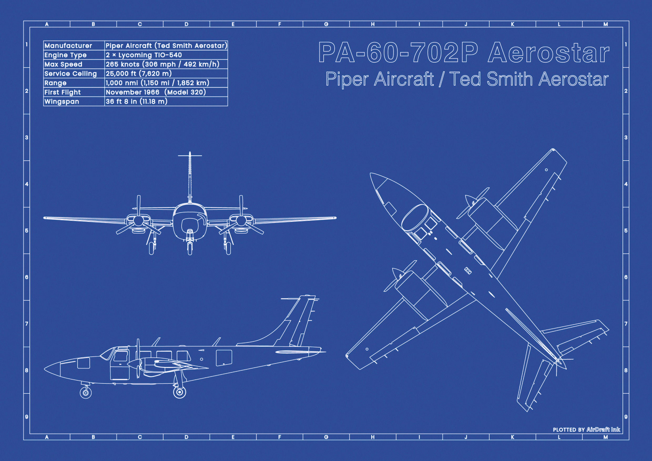 Piper PA-60-702P Aerostar｜Technical blueprint, Drawn in Ink｜Perfect ...