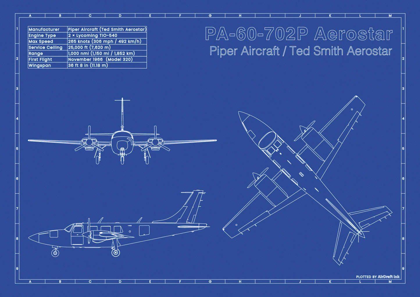 Piper PA-60-702P Aerostar technical aircraft plan drawing in blueprint style, aviation wall art poster gift for aircraft enthusiasts and pilots.