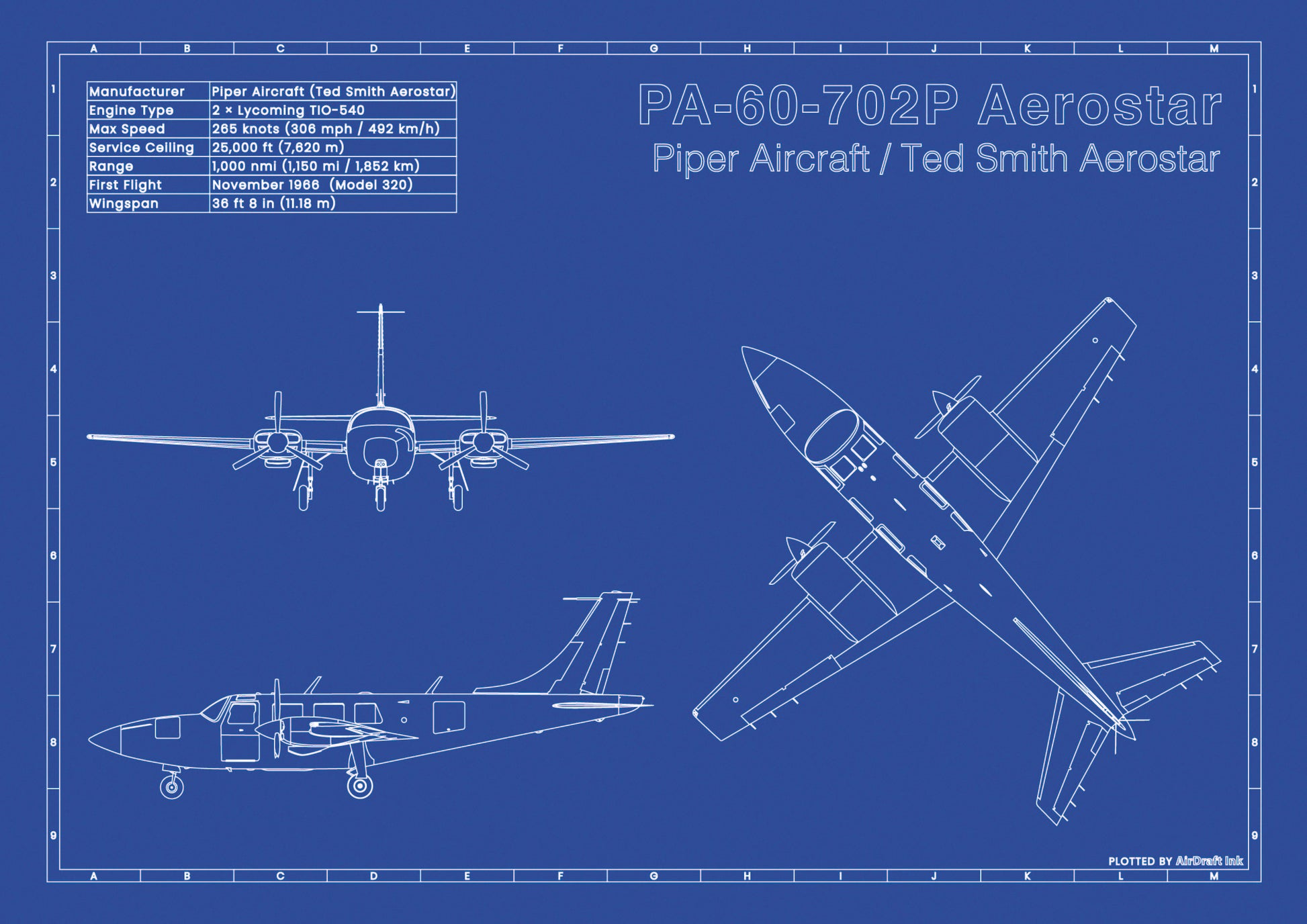 Piper PA-60-702P Aerostar technical aircraft plan drawing in blueprint style, aviation wall art poster gift for aircraft enthusiasts and pilots.