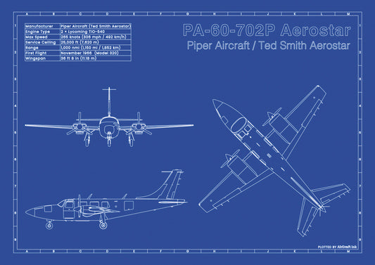 Piper PA-60-702P Aerostar technical aircraft plan drawing in blueprint style, aviation wall art poster gift for aircraft enthusiasts and pilots.