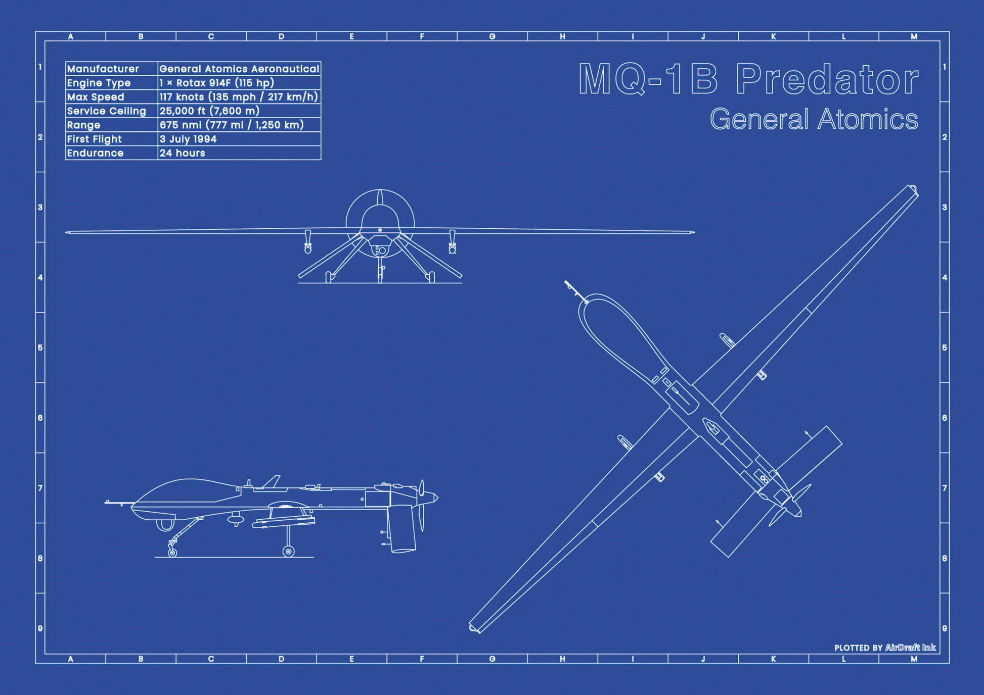 Predator MQ-1B technical aircraft plan drawing in blueprint style, aviation wall art poster gift for aircraft enthusiasts and pilots.
